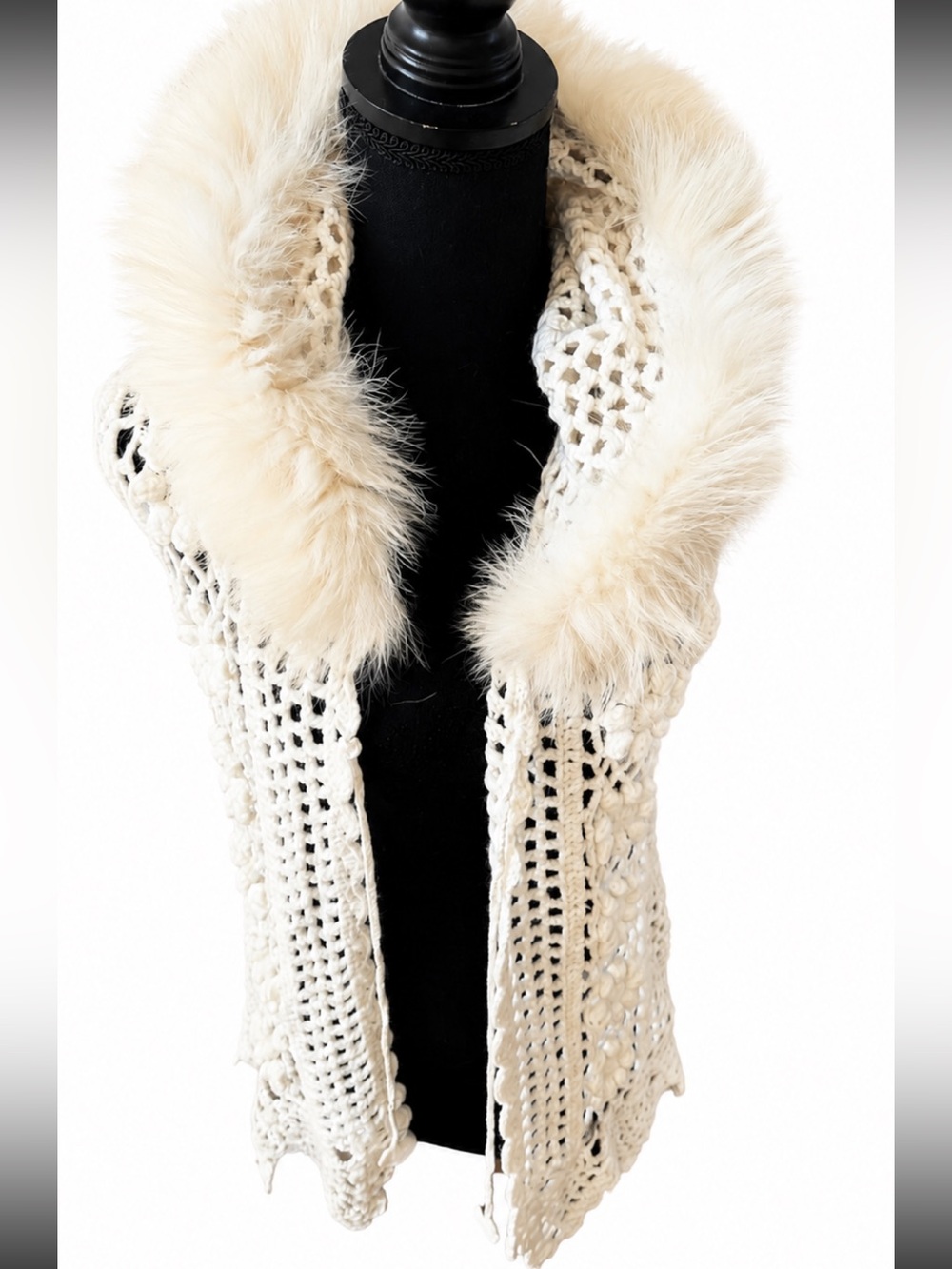 Crochet Hooded Vest Faux Fur Trim Ivory Boho Cottagecore Open Front